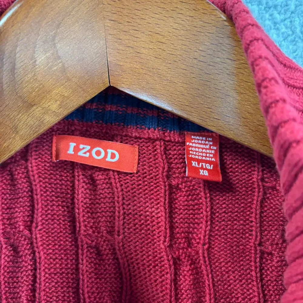 IZOD Cable Knit Sweater Mens XL Red Nautical Prep Grandpa Cotton Jumper 1/4 Zip